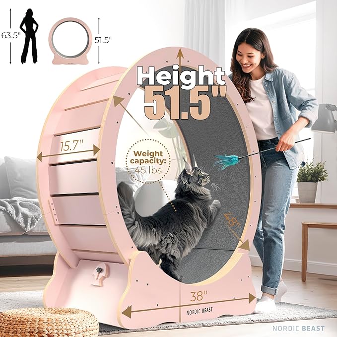 Nordic Beast Pink 48'' XL Cat Wheel – Safe, Quiet & Stable Exercise Wheel for Large Indoor Cats up to 45 lbs – 15.7'' Extra-Wide Surface Fits 2 Cats Side by Side & Prevents Wobbling, 1-Year Warranty