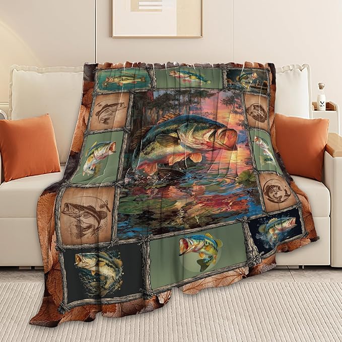 Fish Throw Blanket Fishing Stuff Gifts for Kids Girls Boys Adults Women Men Soft Cozy Warm Plush Fluffy Fuzzy Fleece Blanket Decor 40''X50''