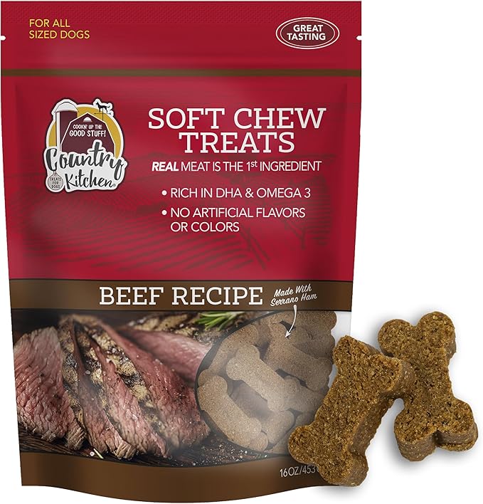 Country Kitchen Beef Soft Chew Dog Treats, Great Tasting, Made with Real Beef, Rich in DHA & Omega 3, 16 oz