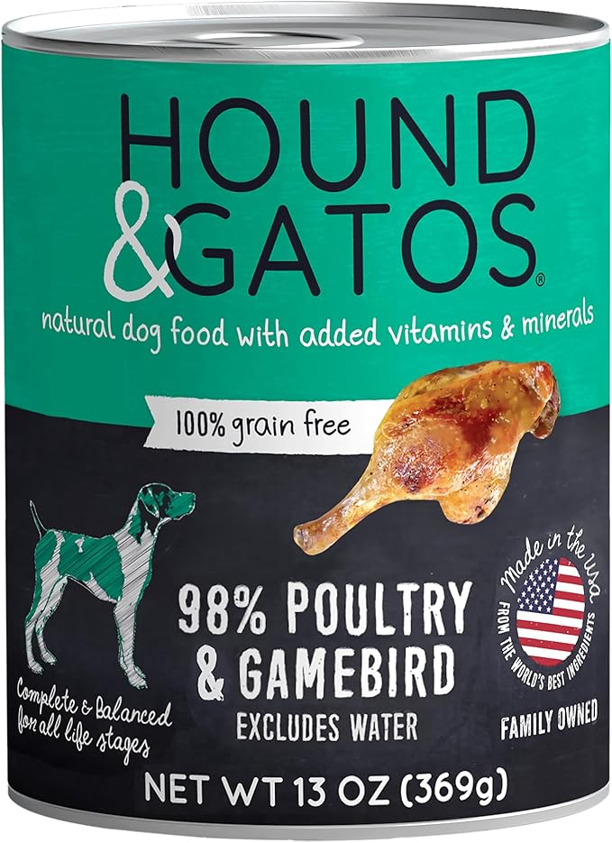 Hound & Gatos Wet Dog Food, 98% Real Meat, High Protein Poultry and Gamebird Recipe, Supports Digestive Health, Limited Ingredients, Grain Free, 13 oz. Cans (Pack of 12)