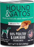 Hound & Gatos Wet Dog Food, 98% Real Meat, High Protein Poultry and Gamebird Recipe, Supports Digestive Health, Limited Ingredients, Grain Free, 13 oz. Cans (Pack of 12)