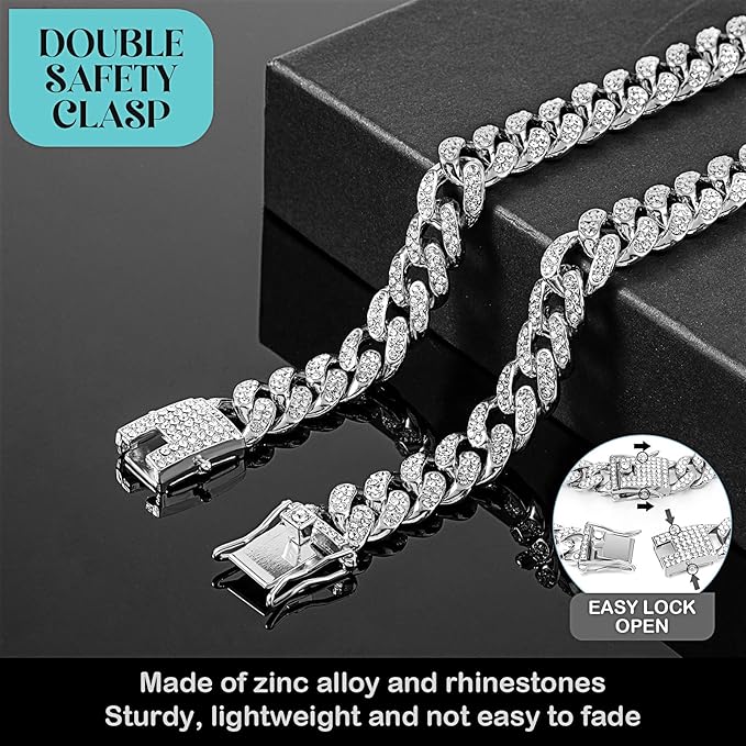 Tallew Silver Dog Chain Diamond Collar Walking Metal Chain Necklace with Secure Buckle Pet Cuban Style Collar Jewelry Accessories for Small Medium Large Dog Cats (24 inch)
