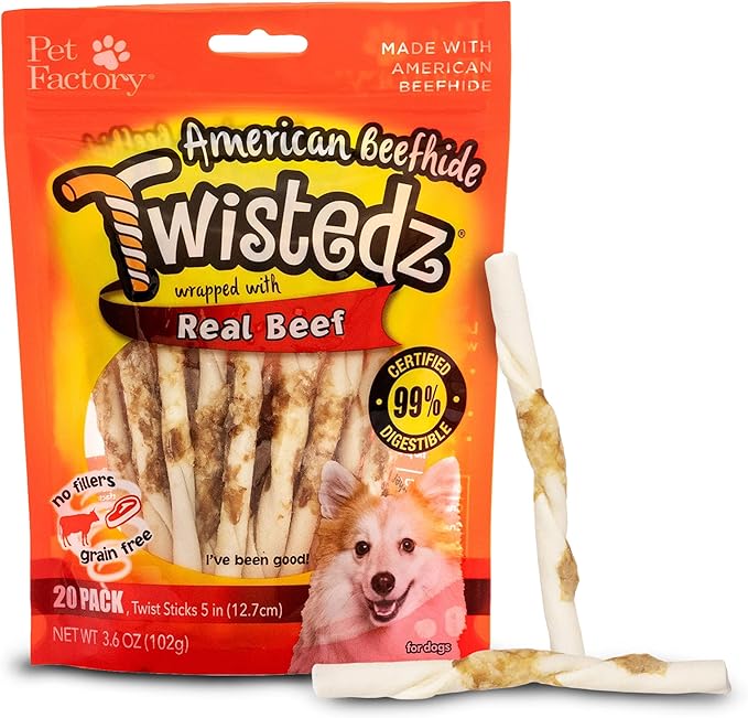 Pet Factory Twistedz American Beefhide 5" Twist Sticks Dog Chew Treats w/ Real Beef Meat Wrap - 20 Count/1 Pack