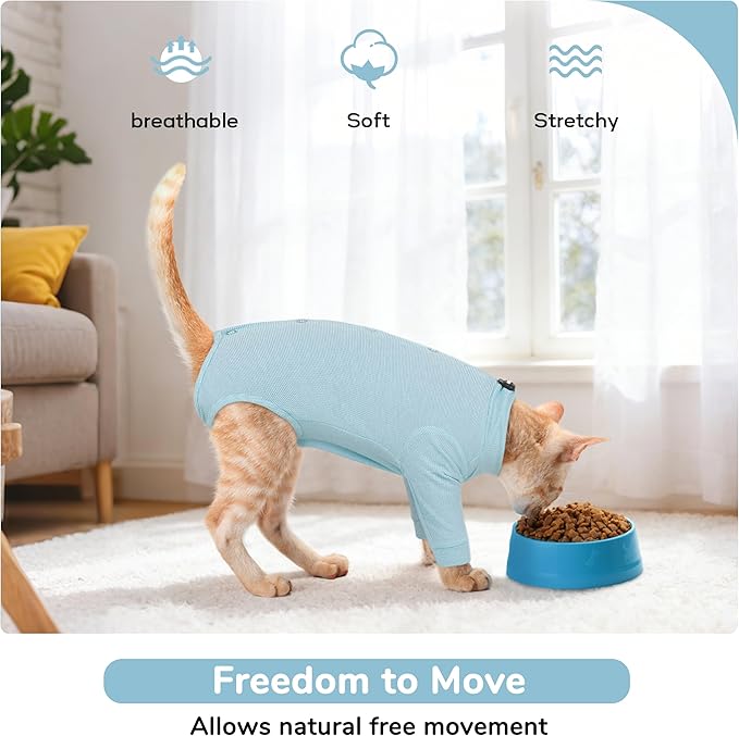 PUMYPOREITY Adjustable Cat Recovery Shirt, Front Leg Injury Suit, Stretchable & Comfortable, Anti-Licking Long Sleeve Wound Cover, Prevents Scratching & Biting, Machine Washable, Blue, S