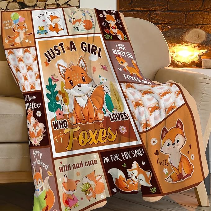SweetFox Just A Girl Who Loves Foxes Blanket, Fox Decor Animal Throw Blanket Gifts for Girls Boys Lovers Super Warm Soft Plush Fleece Flannel Winter Bedding Blankets for Kids Adults Men Women 50"X40"