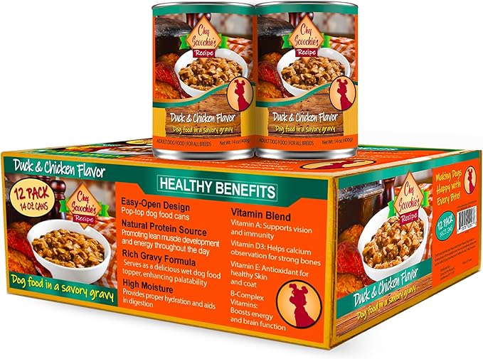 Scoochie Pet Products Chef Scoochie's Duck & Chicken Dog Food in Rich Gravy Natural Wet Food - Easy Open Pop-Top Cans for Grown Dogs - Complete Meal or Food Topper 12 Cans (14 oz e.)