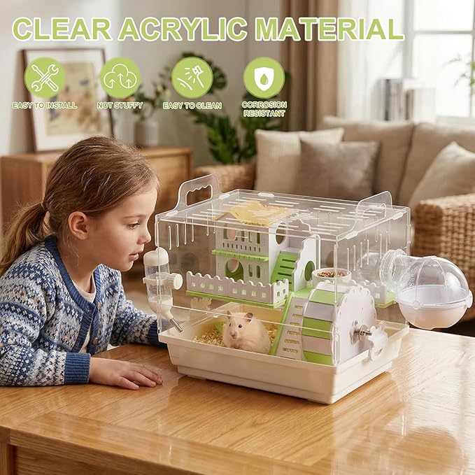 Loungewave Acrylic Hamster Cage, 2-Tier Gerbil Cage with Wooden Wheel, Small Dwarf Hamster Cage Habitat, Garden Mouse Cage for Pet Mice, Clear View Inside Easy to Clean, Green