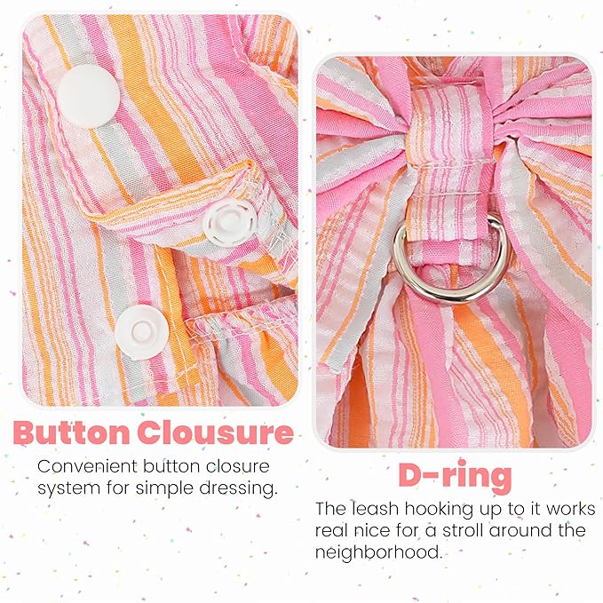 Pet Dog Harness Dress, Cute Striped Pattern with Bow, Princess Puppy Dresses with Button Closure, Summer Dog Clothes for Small Dogs Girl (Pink, Small)