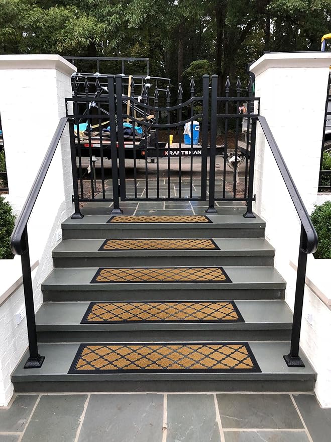 Aucuda 6pcs 8.5" x 30" Stair Treads Outdoor for Elders and Dogs on Wooden Steps, Non Slip Stair Runner Rug Heat Insulation Rubber Backing, Brown Lattice Staircase Mat Carpet for Indoor Grip Farmhouse.