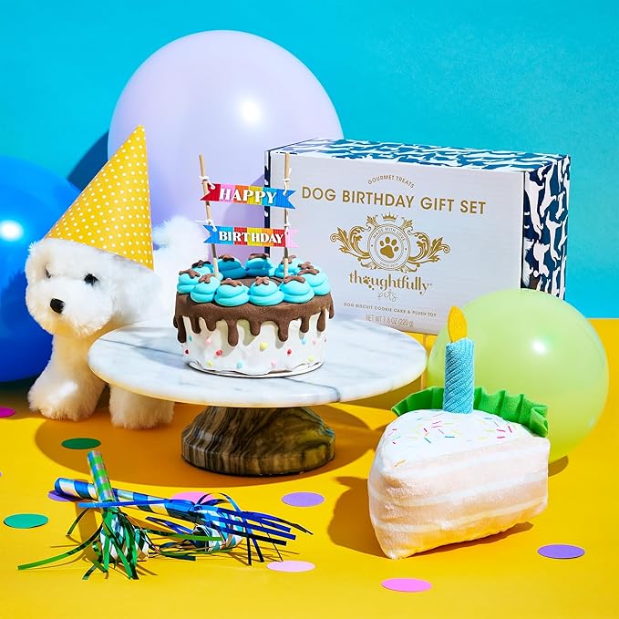 Thoughtfully Pets Dog Birthday Cake and Plush Toy Set, Mini Cookie Cake Treat with Birthday Banner Decoration, Puppy Party Celebration Gift, Hand Decorated Hollow Biscuit Treat for Dogs
