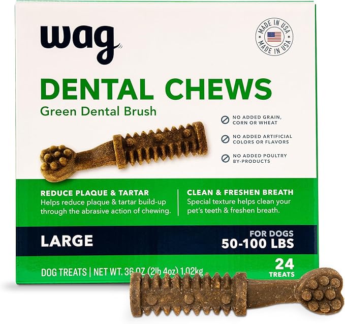 Amazon Basics Dental Dog Treats to Help Clean Teeth & Freshen Breath for Large Dogs, Unflavored, Per Pack: 24 Count, 2.25 pounds (Previously Wag)