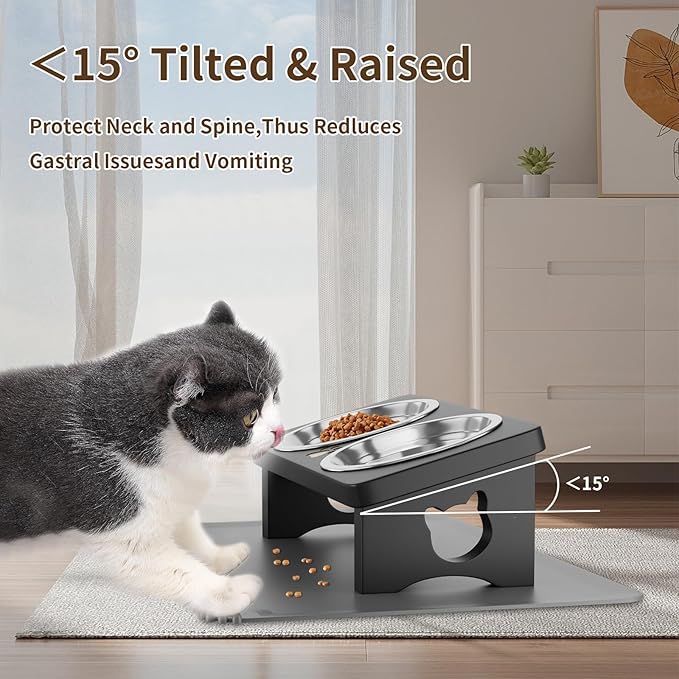 Elevated Cat Bowls with Silicone Mat, 15° Tilted Solid Wood Stand, Raised Stainless Steel Food & Water Dishes for Cats and Small Dogs, Anti-Vomiting Design(Black)
