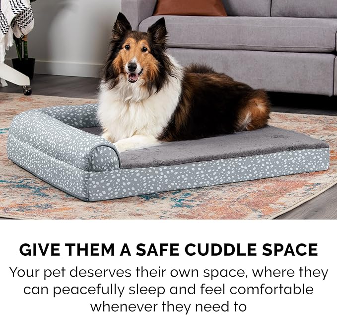 Furhaven Memory Foam Dog Bed for Large Dogs w/ Removable Bolsters & Washable Cover, For Dogs Up to 95 lbs - Plush & Almond Print L Shaped Chaise - Gray Almonds, Jumbo/XL