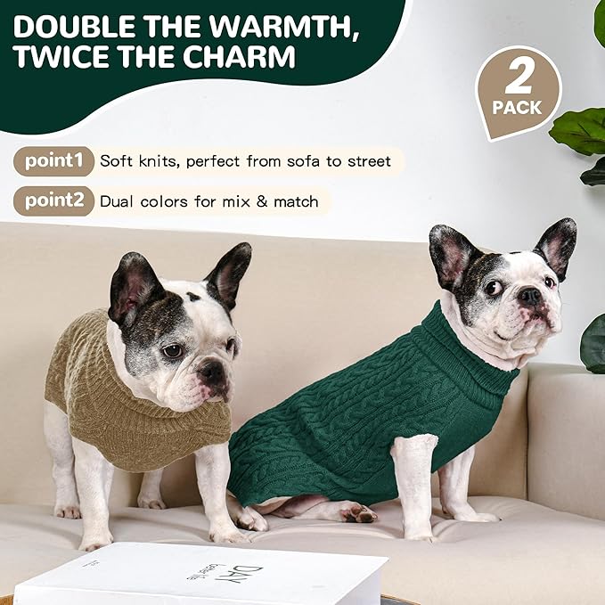 2 Pack Dog Sweaters for Medium Dogs Winter Turtleneck Pullover Cable Knit Fleece Stretch Frenchie Dachshund Pug Corgi Beagle Boy Girl Pet Clothes (L, Green & Brown)
