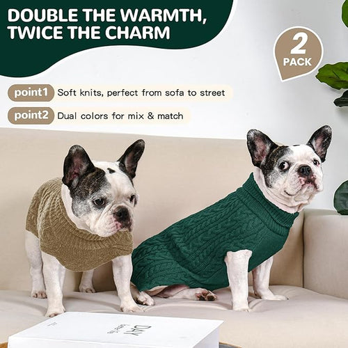 2 Pack Dog Sweaters for Medium Dogs Winter Turtleneck Pullover Cable Knit Fleece Stretch Frenchie Dachshund Pug Corgi Beagle Boy Girl Pet Clothes (M, Green & Brown)