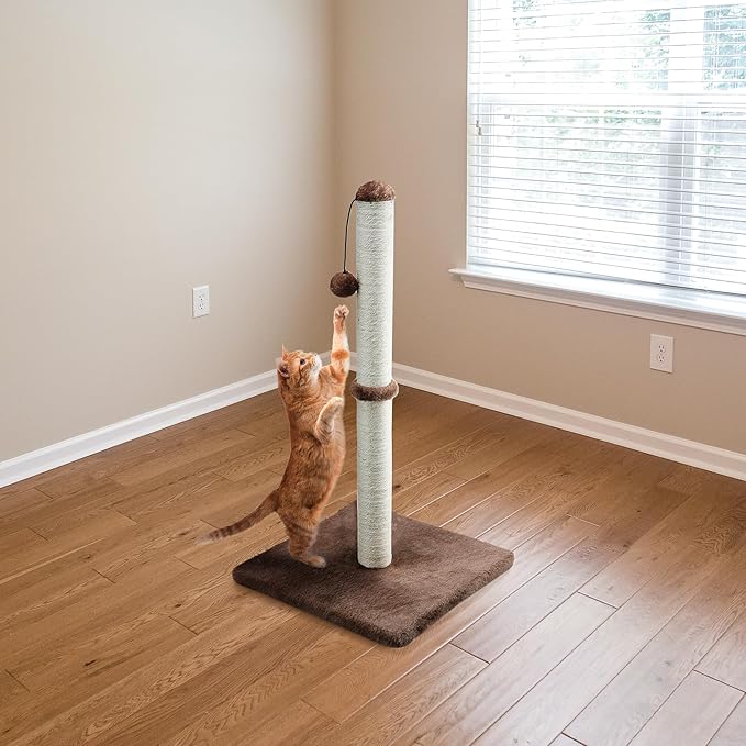 Dimaka 34" Height Tall Cat Scratching Post, Claw Scratcher with Sisal Rope and Covered with Soft Smooth Plush, Vertical Scratch [Full Strectch] for All Cats (Dark Brown, 34 inches for Large Cats)
