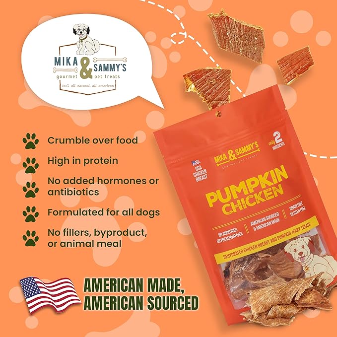 Gourmet Chicken Jerky Dog Treats Made in The USA. Cage-Free, No additives (Pumpkin Chicken 5 0z)