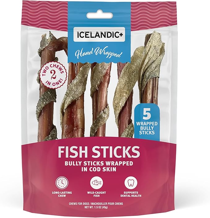 Icelandic+ Fish Sticks - Bully Stick Wrapped in Cod Skin - 5 Pack, 6" - Dog Treats, 2 Ingredient Chews, Hand-Wrapped Wild-Caught Fish, Pet Snacks