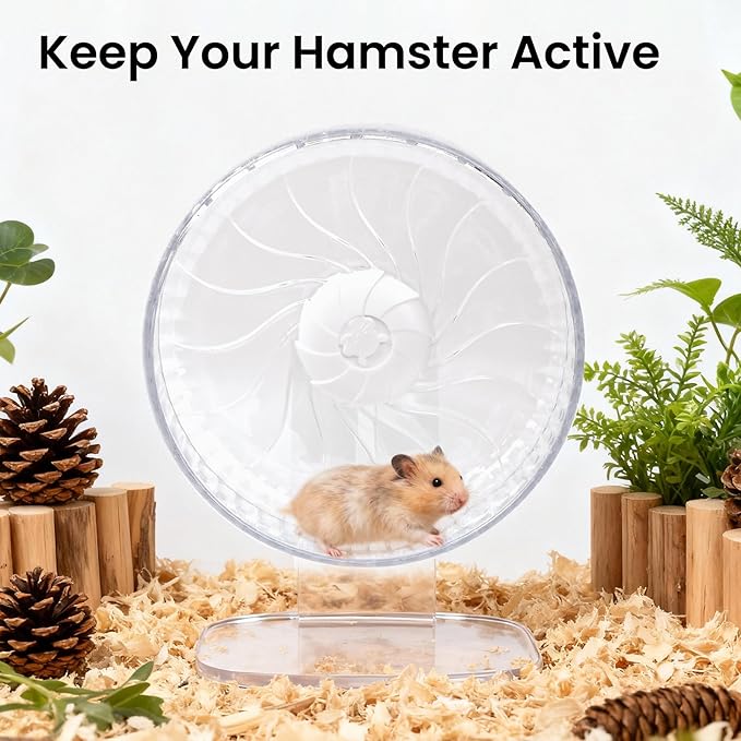 Silent Hamster Wheel, 10in Hamster Wheel with Adjustable Stand, Double-Bearing Quiet Spinner for Syrian Hamsters, Hedgehogs, Mice & Small Pets, Clear