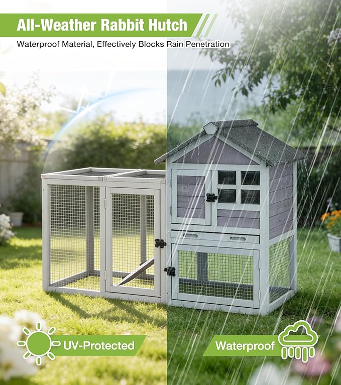GUTINNEEN Rabbit Hutch Outdoor Rabbit Cage Indoor 51.6" L Waterproof Bunny Cage with Chew-Proof Ramp and Lockable Doors for Indoor Outdoor Use Grey