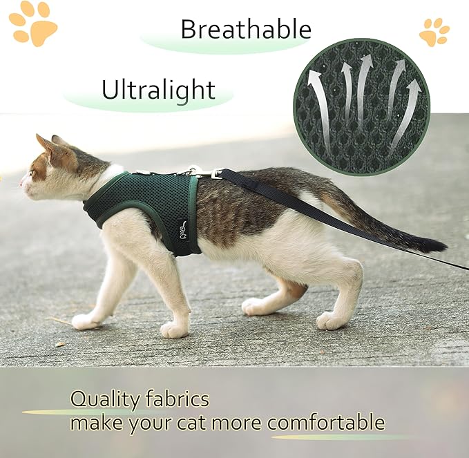 Cat Harness and Leash for Walking Escape Proof Breathable Mesh Fabric, Solid Green, Medium, Adjustable Cat Walking Jackets, Padded Stylish Cat Vest