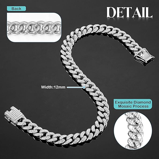 Tallew Silver Dog Chain Diamond Collar Walking Metal Chain Necklace with Secure Buckle Pet Cuban Style Collar Jewelry Accessories for Small Medium Large Dog Cats (24 inch)