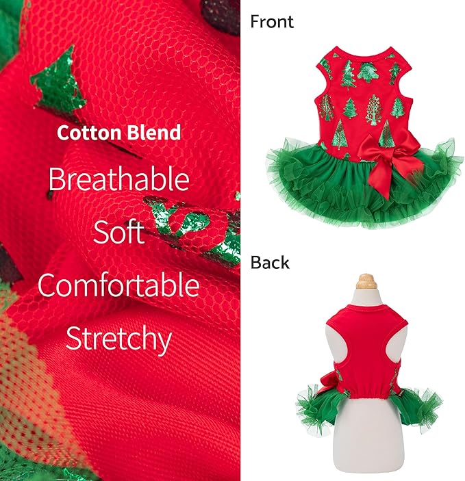 Fitwarm Christmas Tree Dog Tulle Dress, Christmas Clothes for Small Dogs Girl, Holiday Pet Outfit, Red, Green, XS