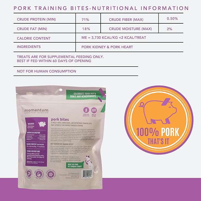 Momentum Carnivore Nutrition Freeze-Dried Pork Training Bites – Two Ingredients-Pork Kidney and Heart, Grain-Free, All-Natural Dog Treats –Made in USA – Perfect for Training & Rewards- 2.5 oz Bag