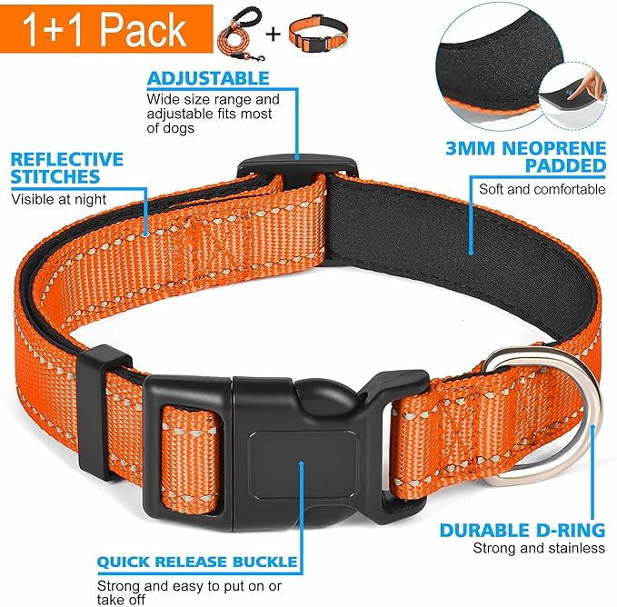 Reflective Dog Collar Padded with Soft Neoprene Breathable Adjustable Nylon Dog Collars for Small Medium Large Dogs (Large (Pack of 1), Orange Collar+Leash)