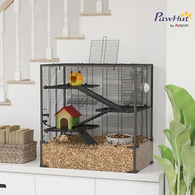 PawHut Large Hamster Cage with 9" Deep Tempered Glass Bottom, 4 Tiers Hamster Tank with Running Wheel, Hut, Water Bottle, Dish, Rat Cage for Syrian, Dwarf, Gerbils, Mouse, 31" x 19" x 31.5", Black