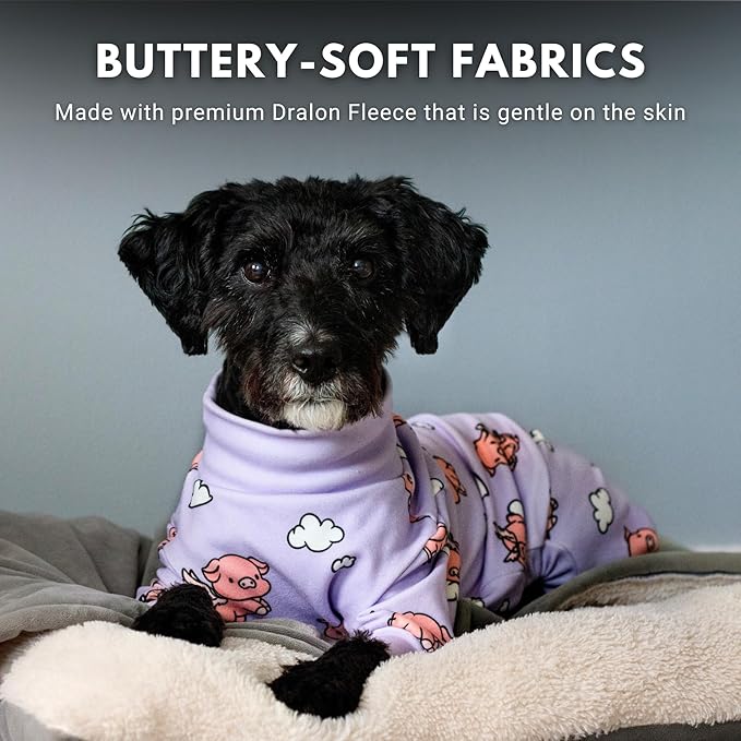 Spark Paws Dog Pajama, Dog Recovery Suit Male, Onesie, Ultra-Soft and 4-Way Stretch, for Small Medium and Large Breeds - When Pigs Fly - Purple - S