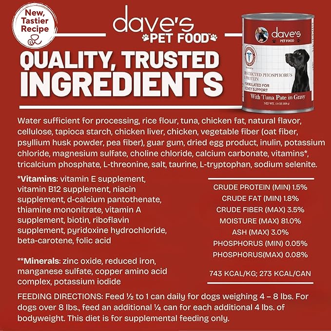 Dave's Pet Food Kidney Care Dog Food (Tuna Pate), NEW Recipe! Wet Renal Dog Food, Low Phosphorus, Renal Kidney Support, Vet Formulated, 13 oz, (12 Pack)