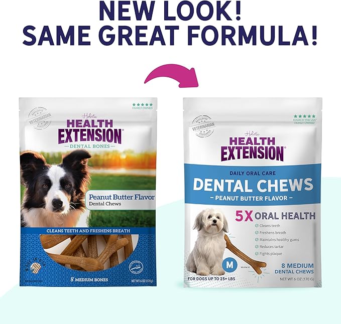 Health Extension Peanut Butter Dental Bones for Dogs, 8 Medium Bones – Supports Dental Health, Delicious Flavor, Ideal for Puppy Training