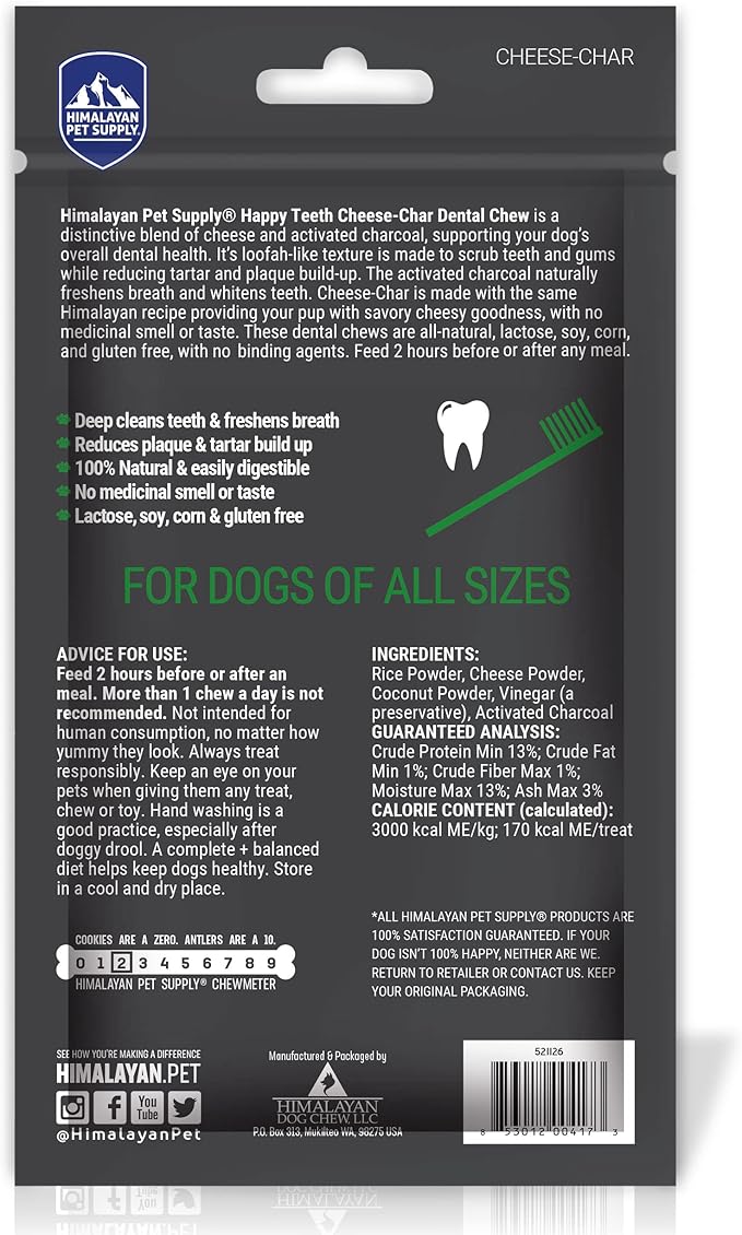 Happy Teeth Cheese & Charcoal Dental Dog Chews | Cheese Flavor with Activated Charcoal | Dental Chew | Protein Rich | Gluten Free - Lactose Free - Wheat Free - Soy Free| 2 Chews per Resealable Pouch