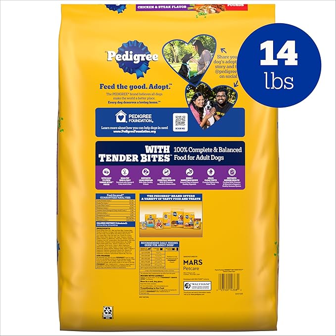 Pedigree Dry Dog Food Tender Bites, Adult Chicken and Steak Flavor, 14 lb. Bag
