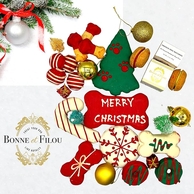 Bonne et Filou Christmas Dog Treats, Luxury Gourmet Gift Box, 18 Hand Designed Macarons, Truffles & Bone Cookies, Perfect Holiday Snack for Medium to Large Dogs