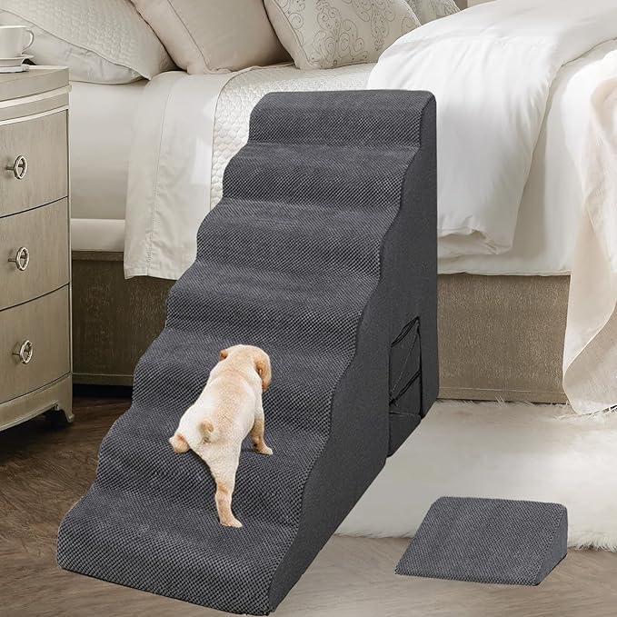 Dog Stairs for High Beds 30-33 inches Tall, 7-Step Pet Stairs/Steps for Small Large Dogs, 30D Foam Pet Steps/Ramp/Ladder for High Bedsides, with 4pcs Dog Ramp for Stairs, Dark Grey