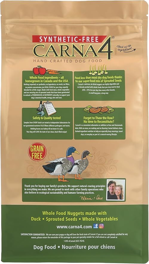 CARNA4 Air Dried Dog Food, Duck Recipe, Quick Baked Whole Food Nutrition with Sprouted Seeds, Natural Probiotics & Enzymes, No Synthetics, Grain-Free - 13lbs
