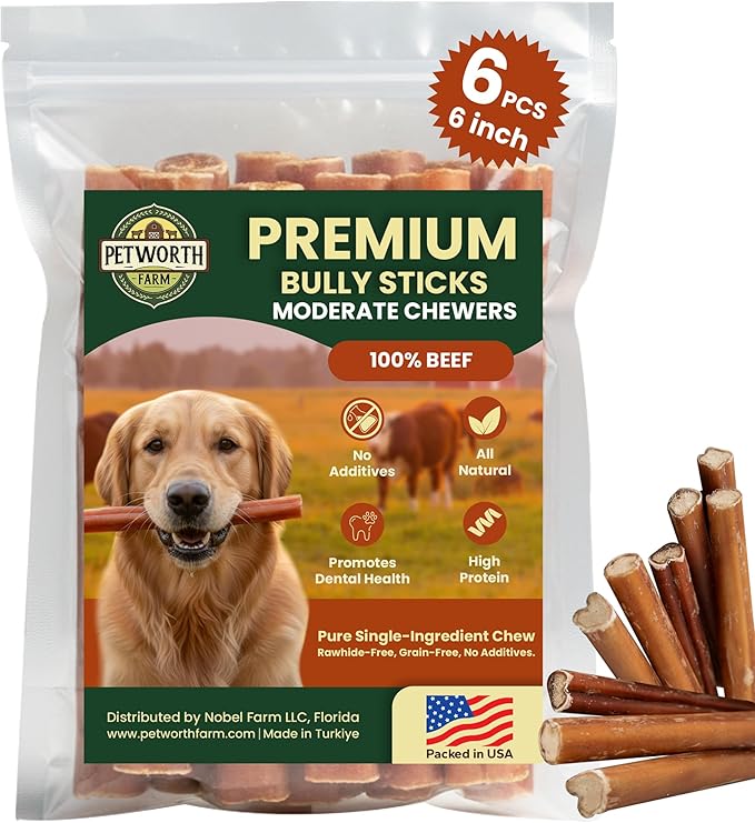 6 Pack 6 Inch Standard Bully Sticks for Dogs – 100% Beef Pizzle, Single Ingredient Rawhide-Free Dental Chews, Long Lasting Natural Dog Treats for Medium to Large Dogs