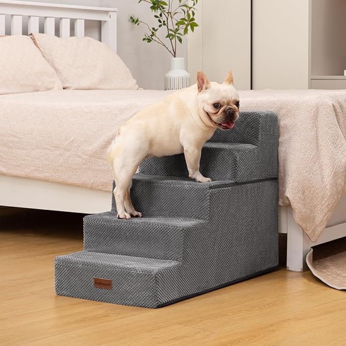 Aodisman Dog Stairs for High Bed 22.6" H,5-Step Dog Steps for Small Dogs and Cats,Indoor Non-Slip Balanced Pet Stairs are Suitable for Puppy,Older Cat,Grey