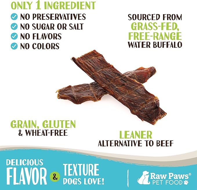 Raw Paws Water Buffalo Jerky Treats for Dogs, 16-oz - Packed in USA - Free-Range Pure Buffalo Meat - Beef Jerky Alternative - Treats for Dogs - Single Ingredient