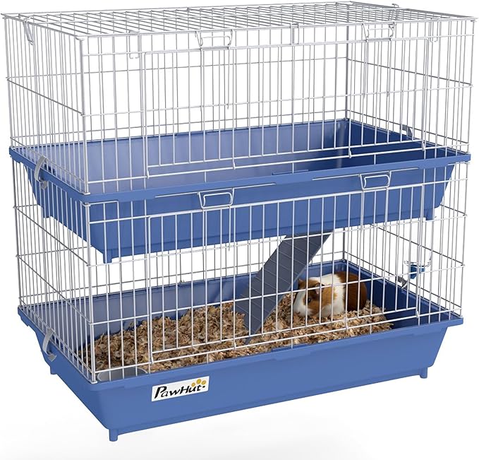 PawHut 2-Tier Guinea Pig Cage, Ferret Cage, Chinchilla Cage, Small Animal Cage Indoor with Dish and Bottle, 2 Doors, Deep Bottoms, Ramp, 28", Blue