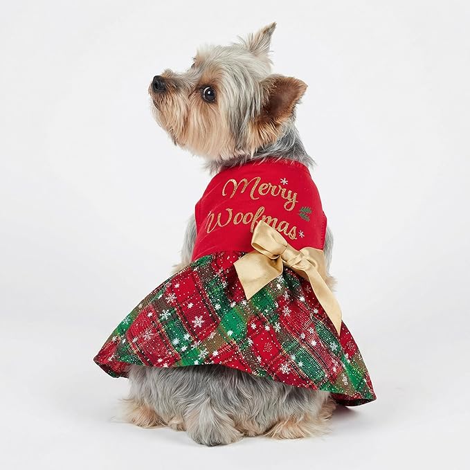 Fitwarm Merry Woofmas 100% Cotton Dog Christmas Outfits Girl Dog Holiday Dress Lightweight Doggie Costume Puppy Clothes Pet Apparel with Bowknot Cat Clothing Red Small