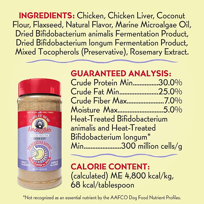 Charlee Bear Necessities Freeze Dried Dog Food Topper, Digestive Health Support, Grain Free, High Protein, Limited Ingredient Meal Toppers for Dogs, Chicken Recipe, 5 Ounce