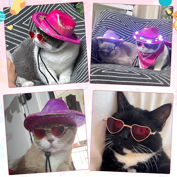 Aliceset 3 Pcs Pet Cowboy Costume Cat Cowboy Accessories Set Neon Sparkly Dog Cowboy Hat Paisley Bandanna Collar and Sunglasses LED Light up Western Small Cat Dog Cowgirl Costume(Pink, Shiny, Shiny)