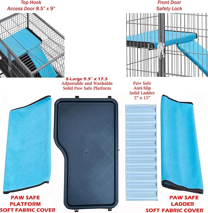 2-Floors Large Ferret Hammock Chinchilla Guinea Pig Rabbit Mouse Small Animal Critter Home Rolling Cage Tight 1/2-inch Bar Spacing Easy Clean Pull Out Tray Storage Shelf On Wheels