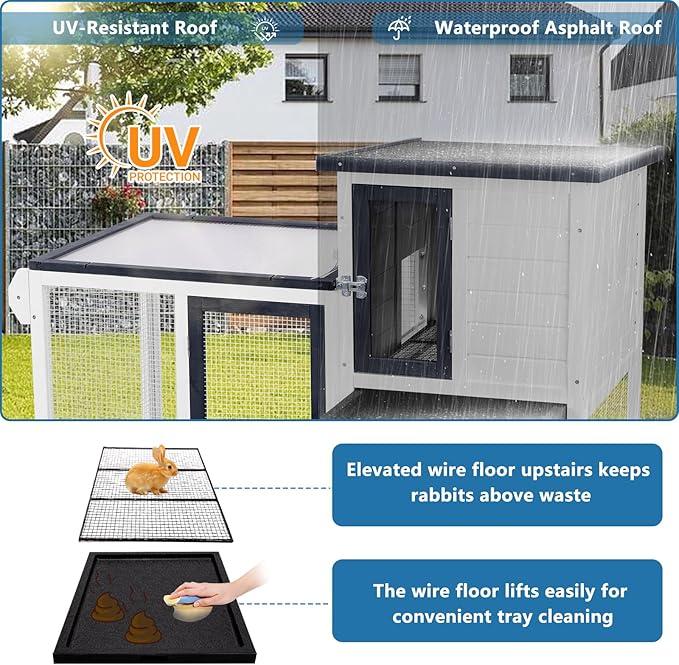 Rabbit Hutch Indoor Outdoor Bunny Cage, Weather Resistant Openable Roof, Slide Out Tray, Handle & Rolling Wheels, Chicken Coop, 48.05" L x 26.02" W x 34.3" H, White