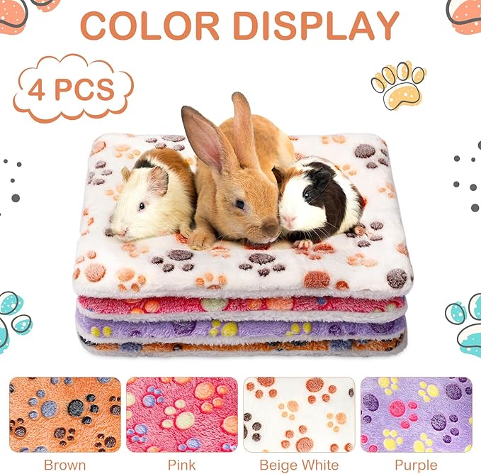 Haull 4 Pcs Waterproof Guinea Pig Bedding Guinea Pig Bed Plush Cage Liners Soft Rabbit Dog Crate Pad Cat Mat Reversible Cozy Animal Pee Pad Hamster Bunny Mat Accessory(Paw,13 x 18.5 Inch)