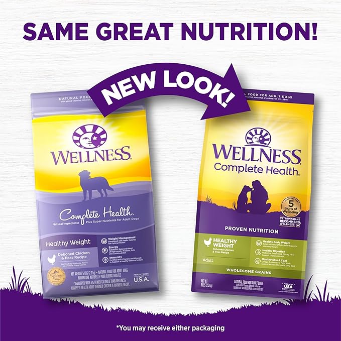 Wellness Complete Health Dry Dog Food, Wholesome Grains, Natural, Healthy Weight Chicken & Peas Recipe, (5-Pound Bag)
