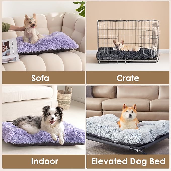 EHEYCIGA Fluffy Dog Crate Bed for Large Dogs, Plush Faux Fur Crate Pad, Calming Anti Anxiety Large Dog Bed, Washable Soft Warm Mat with Non-Slip Bottom, Purple